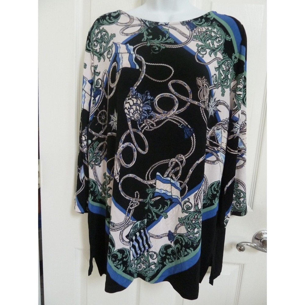 Chico's Travelers Tunic Top XL 3 Nautical Rope Print Blue Black 3/4 Sleeve